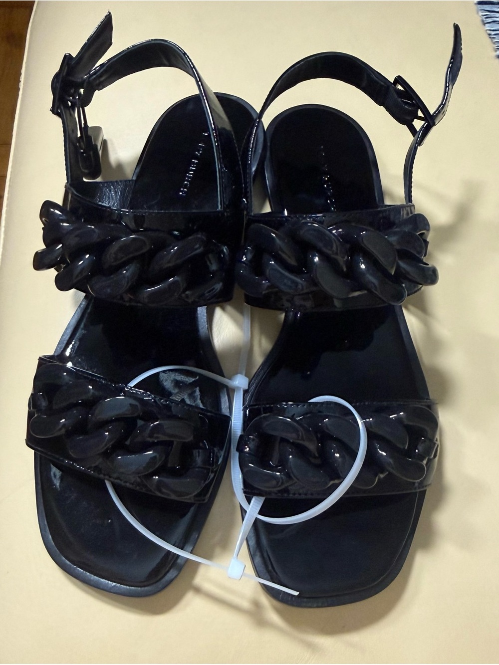 Tory Burch Patent Black Chain-Trim Ankle-Strap Sandals